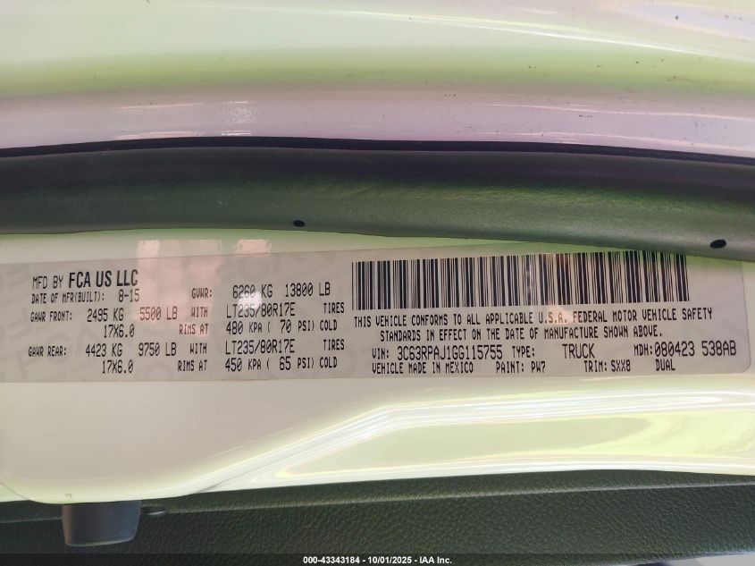2016 Ram 3500 Tradesman VIN: 3C63RPAJ1GG115755 Lot: 43343184