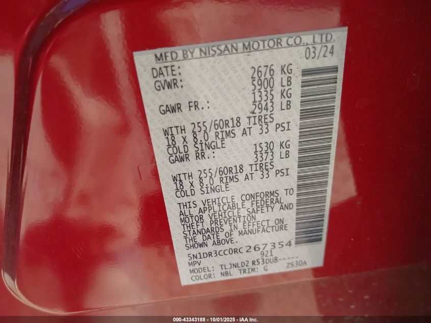 2024 Nissan Pathfinder Sl 4Wd VIN: 5N1DR3CC0RC267354 Lot: 43343188