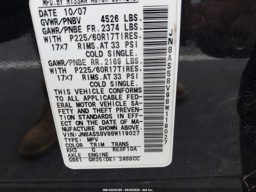 2008 Nissan Rogue Sl VIN: JN8AS58V98W119027 Lot: 43343189