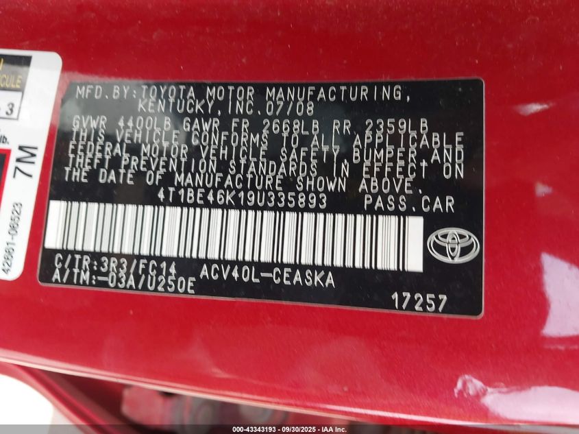 2009 Toyota Camry Se VIN: 4T1BE46K19U335893 Lot: 43343193