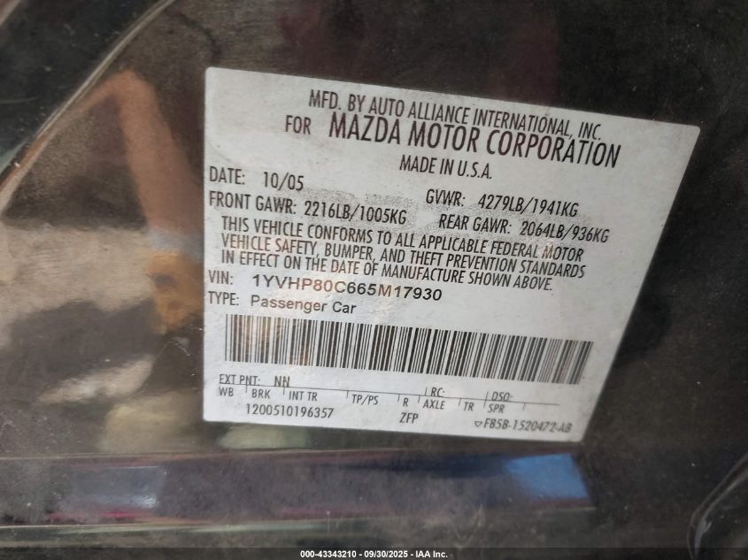 2006 Mazda Mazda6 I Sport VIN: 1YVHP80C665M17930 Lot: 43343210