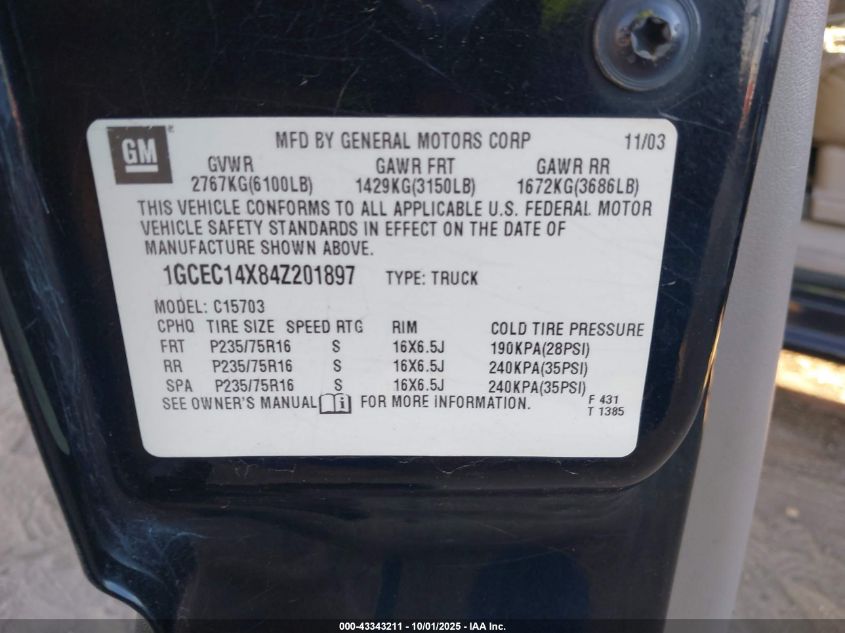 2004 Chevrolet Silverado 1500 Work Truck VIN: 1GCEC14X94V201897 Lot: 43343211