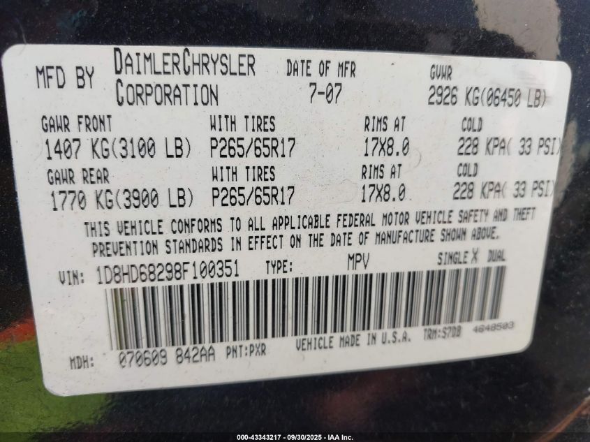 2008 Dodge Durango Adventurer VIN: 1D8HD68298F100351 Lot: 43343217