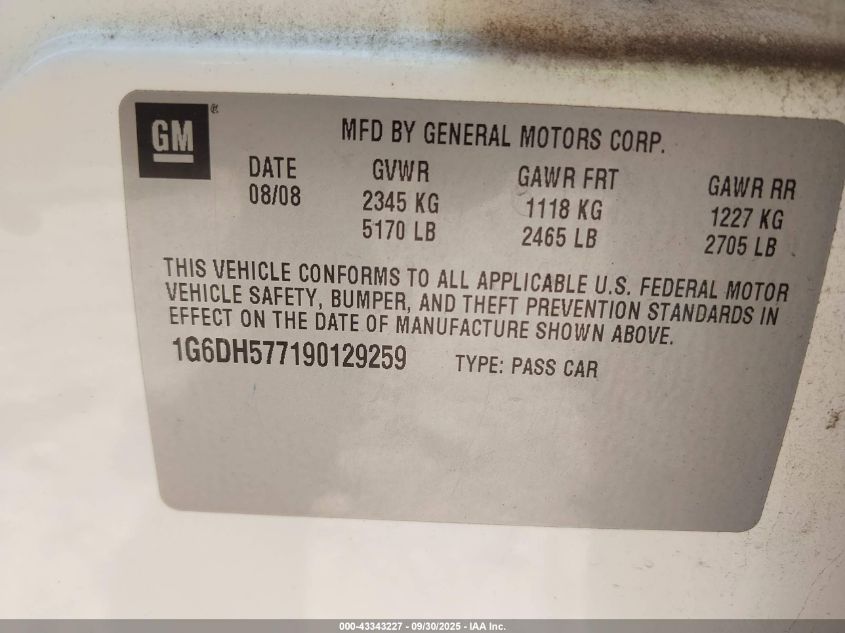 2009 Cadillac Cts Standard VIN: 1G6DH577190129259 Lot: 43343227
