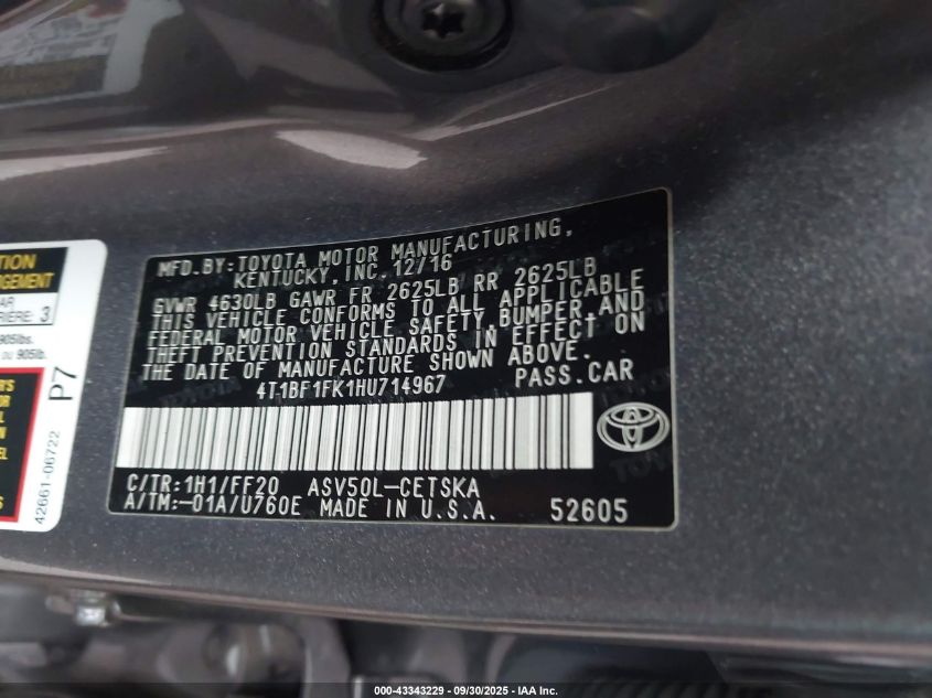 2017 Toyota Camry Se VIN: 4T1BF1FK1HU714967 Lot: 43343229