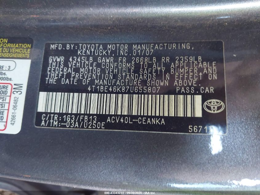 2007 Toyota Camry Le VIN: 4T1BE46K87U655807 Lot: 43343233