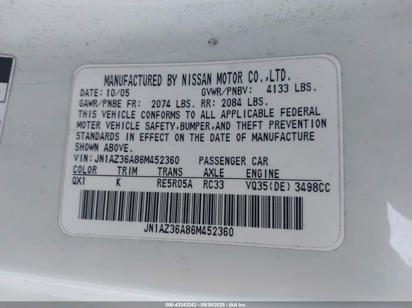 2006 Nissan 350Z Touring VIN: JN1AZ36A86M452360 Lot: 43343242