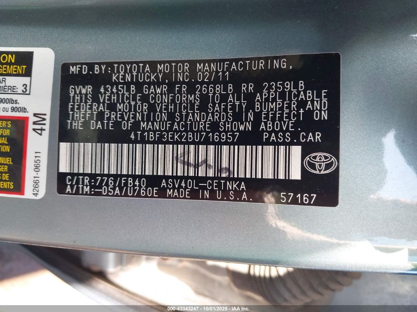 2011 Toyota Camry Le VIN: 4T1BF3EK2BU716957 Lot: 43343247