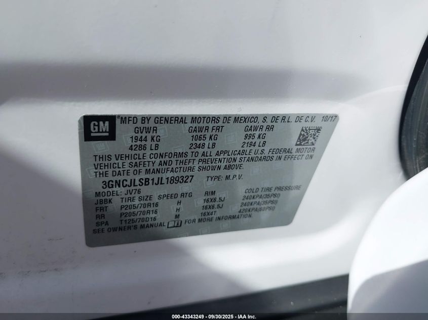 2018 Chevrolet Trax Lt VIN: 3GNCJLSB1JL189327 Lot: 43343249