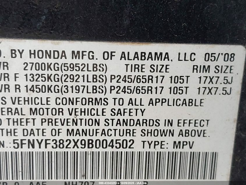 2009 Honda Pilot Lx VIN: 5FNYF382X9B004502 Lot: 43343252