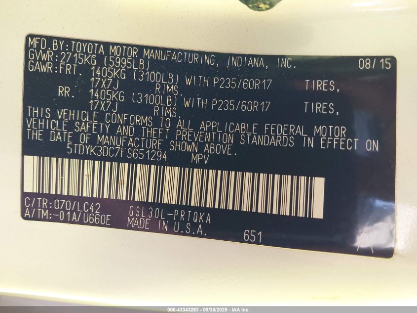 2015 Toyota Sienna Xle 8 Passenger VIN: 5TDYK3DC7FS651294 Lot: 43343263