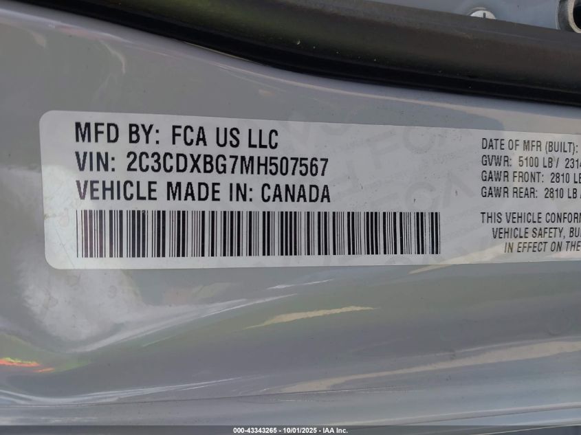 2021 Dodge Charger Sxt Rwd VIN: 2C3CDXBG7MH507567 Lot: 43343265