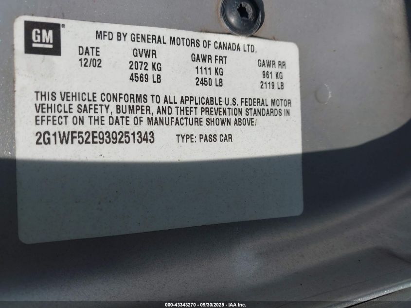 2003 Chevrolet Impala VIN: 2G1WF52E939251343 Lot: 43343270