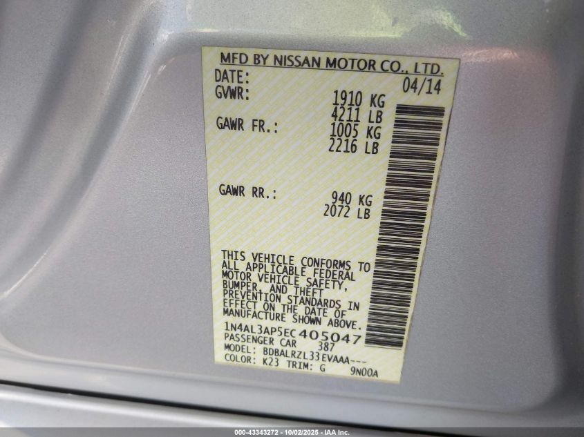 2014 Nissan Altima 2.5/2.5 S/2.5 Sl/2.5 Sv VIN: 1N4AL3AP5EC405047 Lot: 43343272