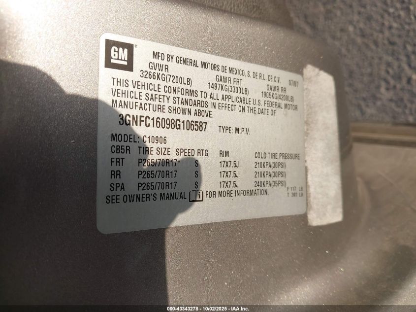 2008 Chevrolet Suburban 1500 Lt VIN: 3GNFC16098G106587 Lot: 43343278