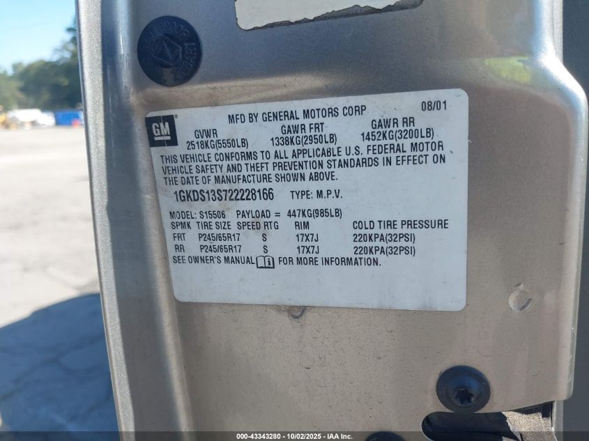 2002 GMC Envoy Slt VIN: 1GKDS13S722228166 Lot: 43343280