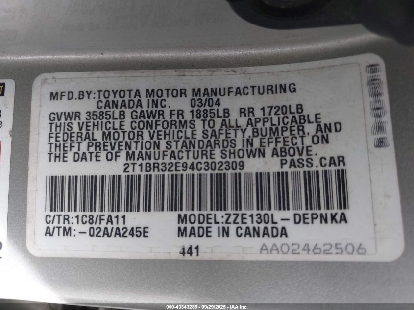 2004 Toyota Corolla Le VIN: 2T1BR32E94C302309 Lot: 43343285