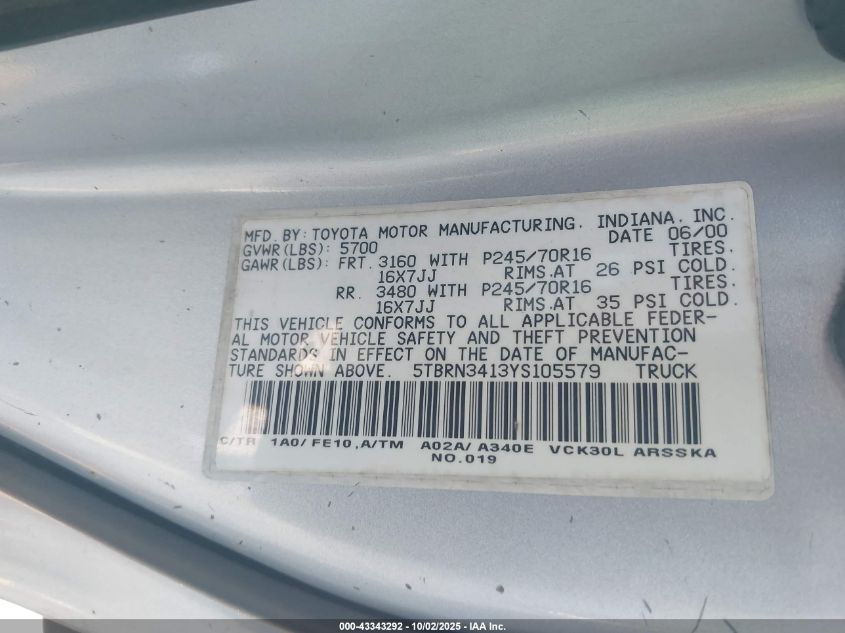 2000 Toyota Tundra Sr5 VIN: 5TBRN3413YS105579 Lot: 43343292