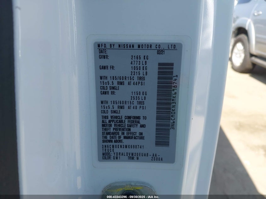 2021 Nissan Nv200 Cargo S Xtronic Cvt VIN: 3N6CM0KN3MK698741 Lot: 43343296