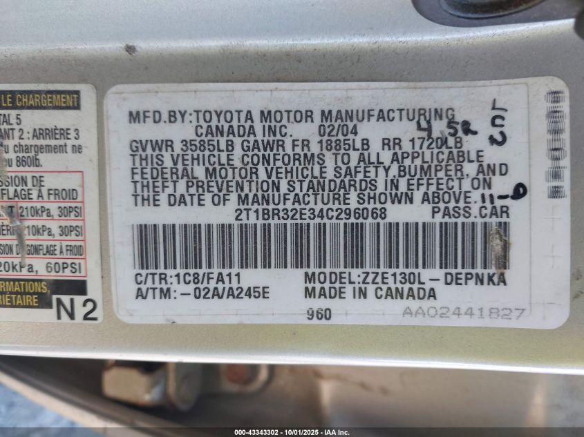 2004 Toyota Corolla Le VIN: 2T1BR32E34C296068 Lot: 43343302