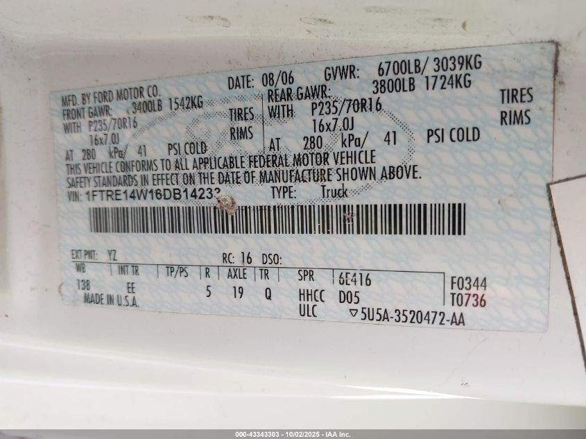 2006 Ford E-150 Commercial/Recreational VIN: 1FTRE14W16DB14233 Lot: 43343303