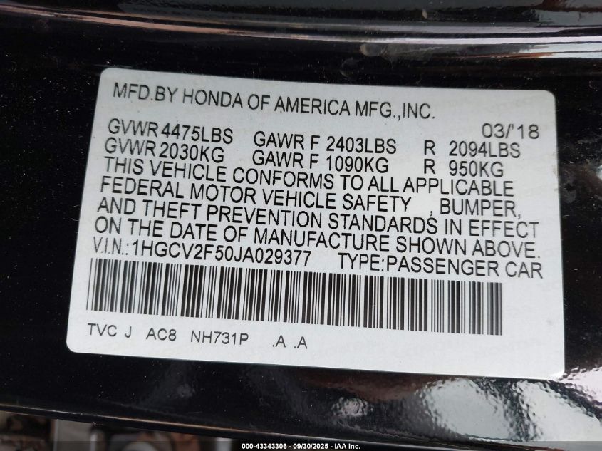 2018 Honda Accord Ex-L 2.0T VIN: 1HGCV2F50JA029377 Lot: 43343306