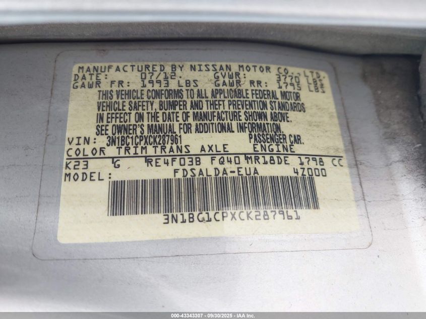 2012 Nissan Versa 1.8 S VIN: 3N1BC1CPXCK287961 Lot: 43343307