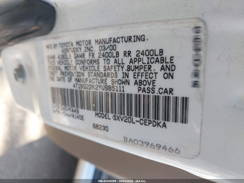 2000 Toyota Camry Ce VIN: 4T1BG22K2YU985111 Lot: 43343309