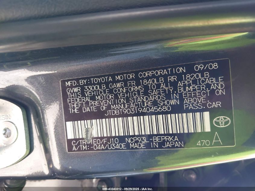 2009 Toyota Yaris VIN: JTDBT903194045680 Lot: 43343312