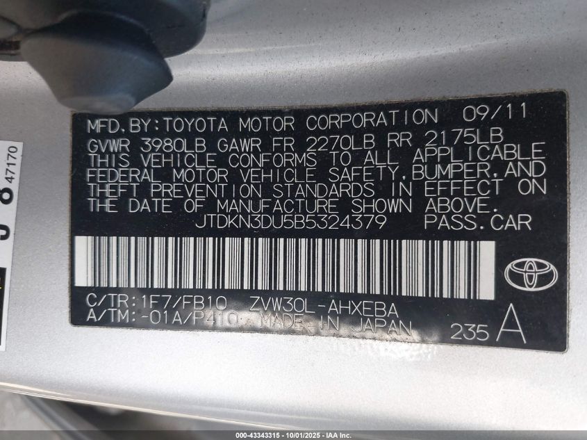 2011 Toyota Prius Two VIN: JTDKN3DU5B5324379 Lot: 43343315