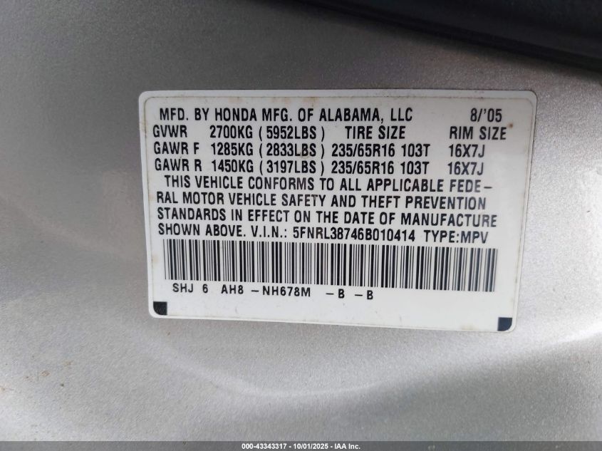 2006 Honda Odyssey Ex-L VIN: 5FNRL38746B010414 Lot: 43343317