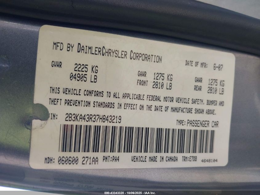 2007 Dodge Charger VIN: 2B3KA43R37H843219 Lot: 43343328