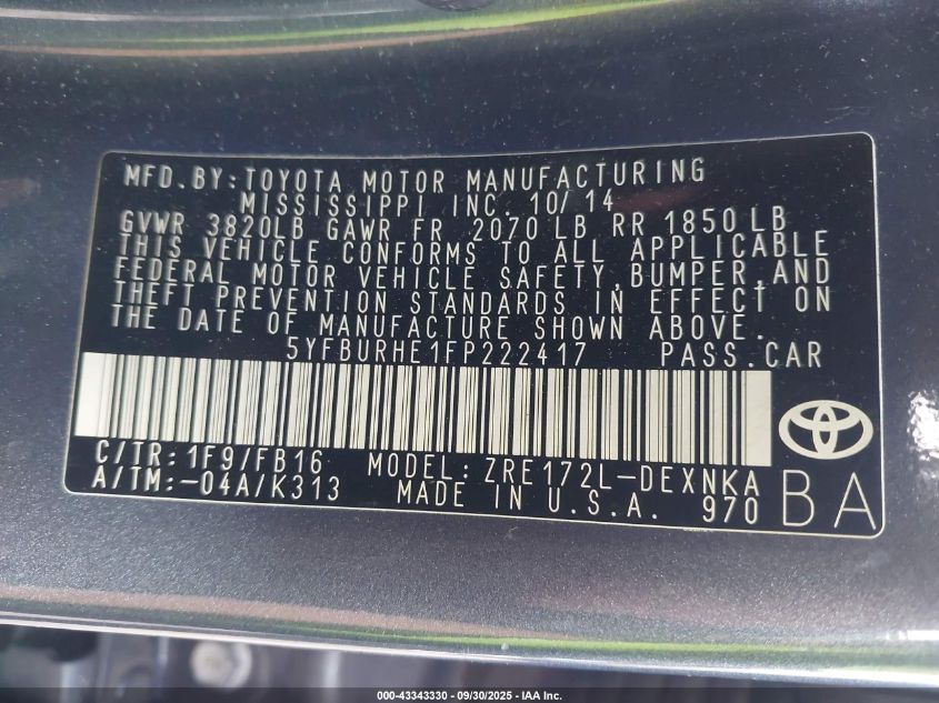 2015 Toyota Corolla Le VIN: 5YFBURHE1FP222417 Lot: 43343330