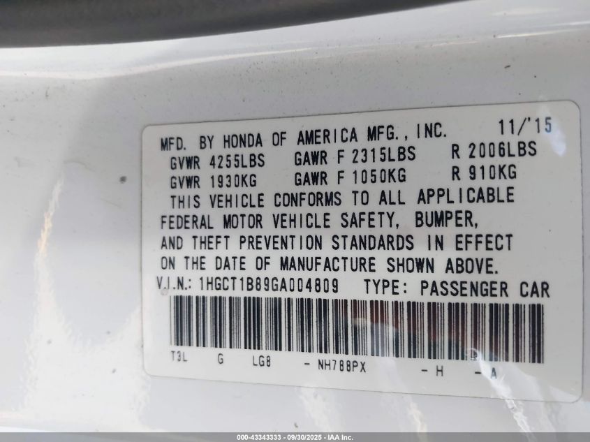 2016 Honda Accord Ex-L VIN: 1HGCT1B89GA004809 Lot: 43343333