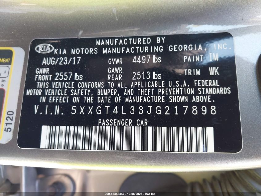 2018 Kia Optima Lx VIN: 5XXGT4L33JG217898 Lot: 43343347