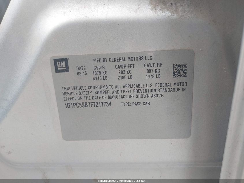 2015 Chevrolet Cruze 1Lt Auto VIN: 1G1PC5SB7F7217734 Lot: 43343355
