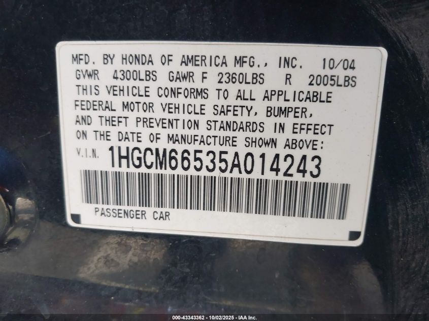 2005 Honda Accord 3.0 Ex VIN: 1HGCM66535A014243 Lot: 43343362