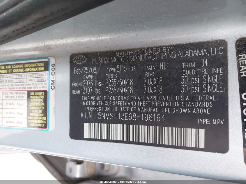 2008 Hyundai Santa Fe Limited/Se VIN: 5NMSH13E68H196164 Lot: 43343366