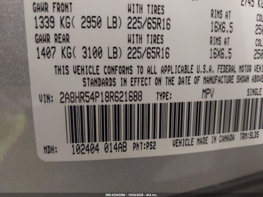 2008 Chrysler Town & Country Touring VIN: 2A8HR54P18R621688 Lot: 43343368