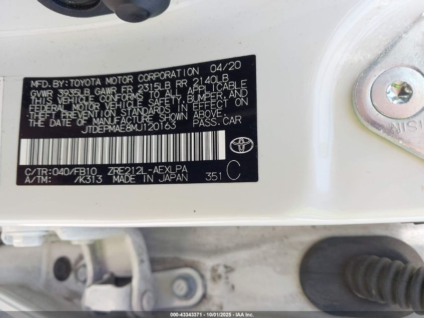 2021 Toyota Corolla Le VIN: JTDEPMAE8MJ120163 Lot: 43343371