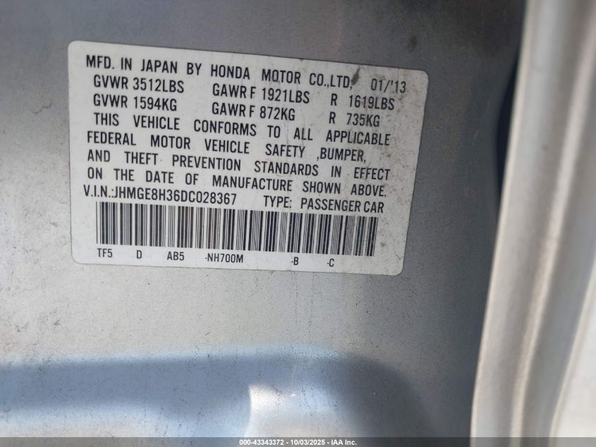 2013 Honda Fit VIN: JHMGE8H36DC028367 Lot: 43343372