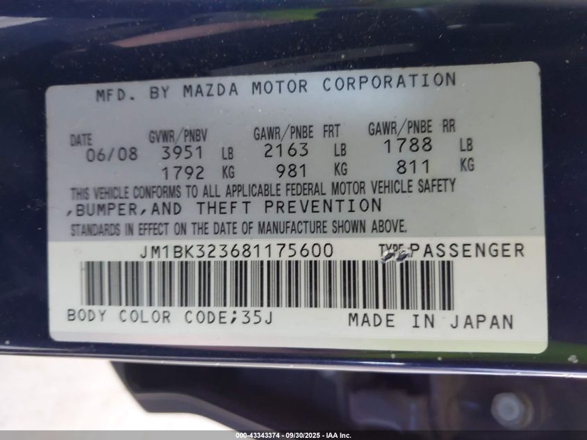 2008 Mazda Mazda3 S Grand Touring VIN: JM1BK323681175600 Lot: 43343374