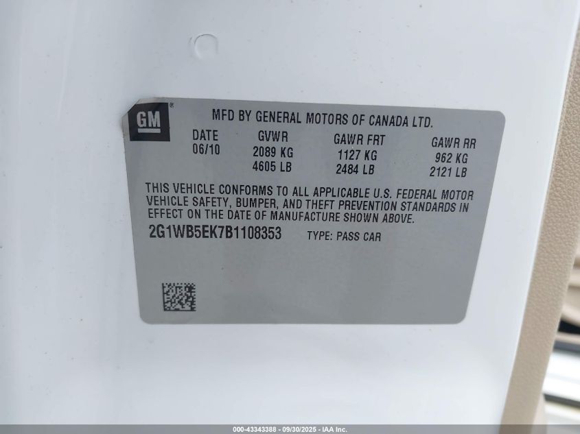 2011 Chevrolet Impala Lt VIN: 2G1WB5EK7B1108353 Lot: 43343388