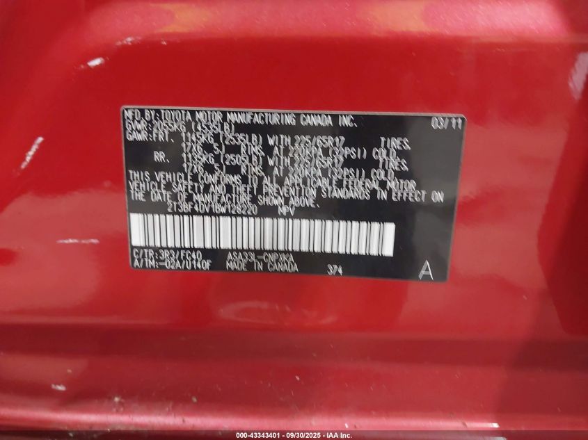 2011 Toyota Rav4 VIN: 2T3BF4DV1BW128220 Lot: 43343401