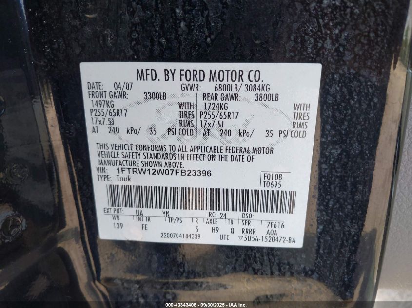 2007 Ford F-150 Xlt VIN: 1FTRW12W07FB23396 Lot: 43343408