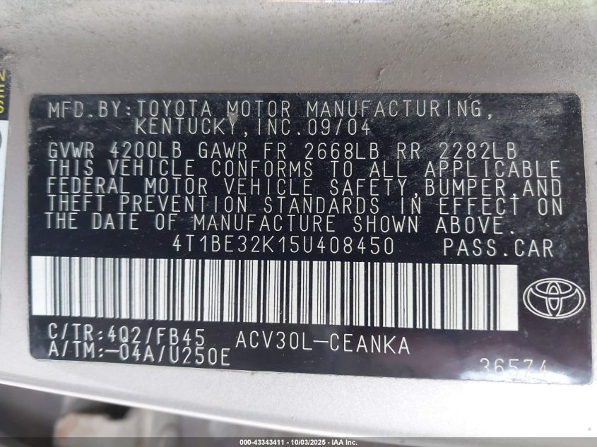 2005 Toyota Camry Le VIN: 4T1BE32K15U408450 Lot: 43343411