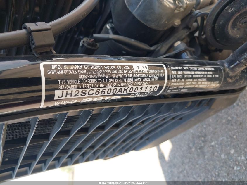 2010 Honda Vt1300 Cr VIN: JH2SC6600AK001110 Lot: 43343413