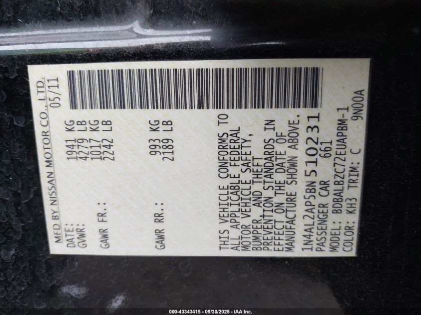 2011 Nissan Altima 2.5 S VIN: 1N4AL2AP5BN510231 Lot: 43343415