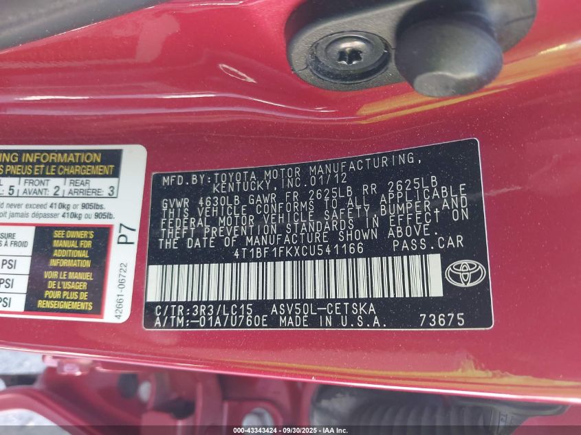 2012 Toyota Camry Se VIN: 4T1BF1FKXCU541166 Lot: 43343424