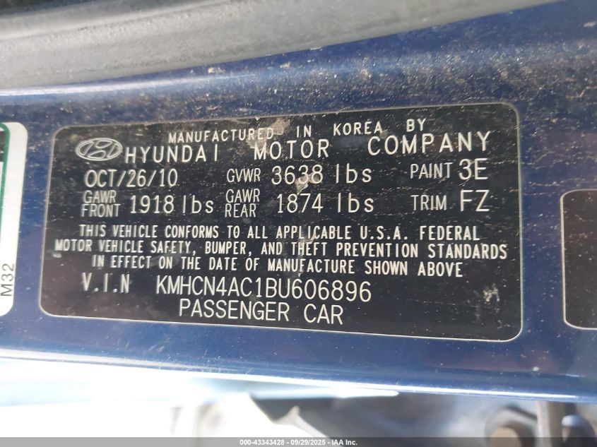 2011 Hyundai Accent Gls VIN: KMHCN4AC1BU606896 Lot: 43343428